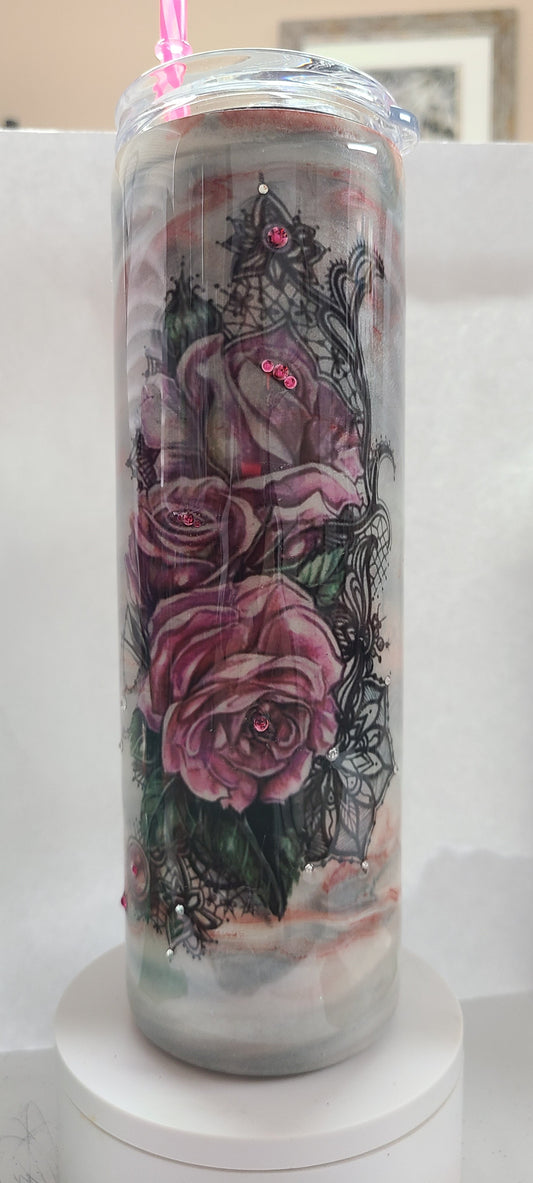 Rose Design - 30oz Skinny W/Lid & Straw